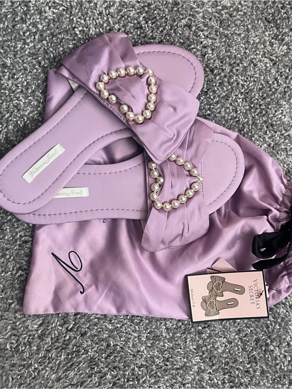 Victoria's Secret Lilac Satin Pearl-Heart Slide Sandals